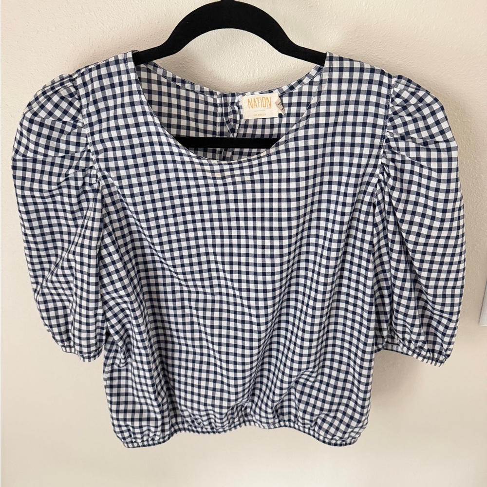 Nation LTD Navy & White Gingham Puff Sleeve Blouse